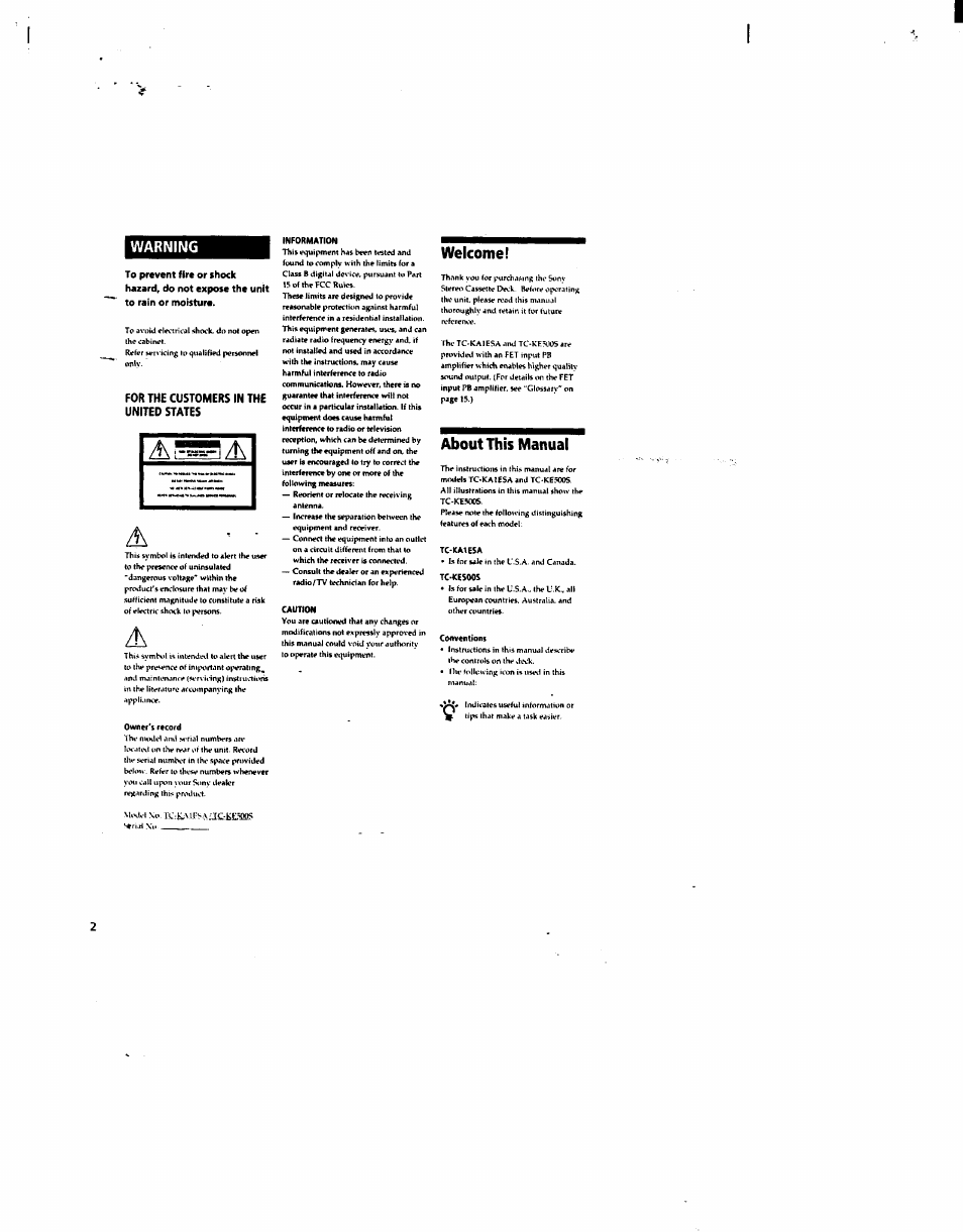 Warning, For the customers in the united states, Caution | Owner's record, Information, Welcome, About this manual, Toka1esa, Tc-ke500s | Sony TC-KA1ESA User Manual | Page 2 / 14