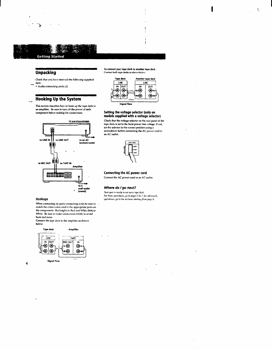Hooking up the system, Tc-ka1esa/ke5<ios, Hookups | Tape deck, To connect your tape deck to another tape deck, Another tape deck, Tsignal flow, Connecting the ac power cord, Unpacking | Sony TC-KA1ESA User Manual | Page 4 / 14