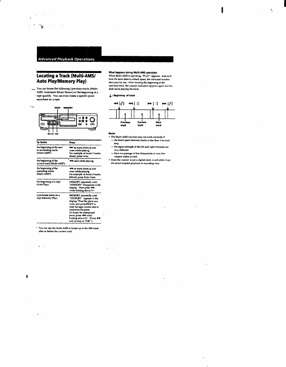 What happens during multi-ams operation, Beginning of track, M[;] ►►[;) w[ai | Previous, Notes | Sony TC-KA1ESA User Manual | Page 7 / 14