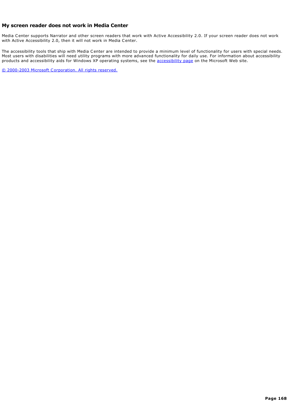 My screen reader does not work in media center, My screen reader does not work in media c enter | Sony PCV-RZ44G User Manual | Page 168 / 459