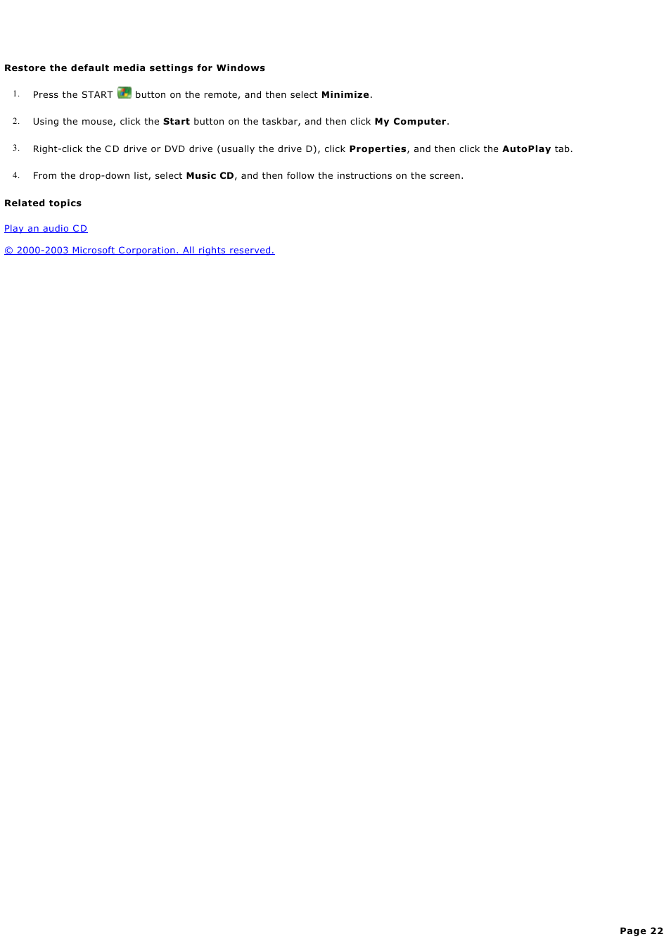 Restore the default media settings for windows | Sony PCV-RZ44G User Manual | Page 22 / 459