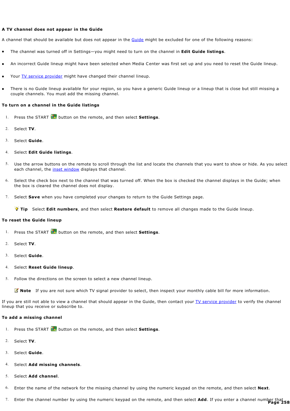 A tv channel does not appear in the guide | Sony PCV-RZ44G User Manual | Page 258 / 459