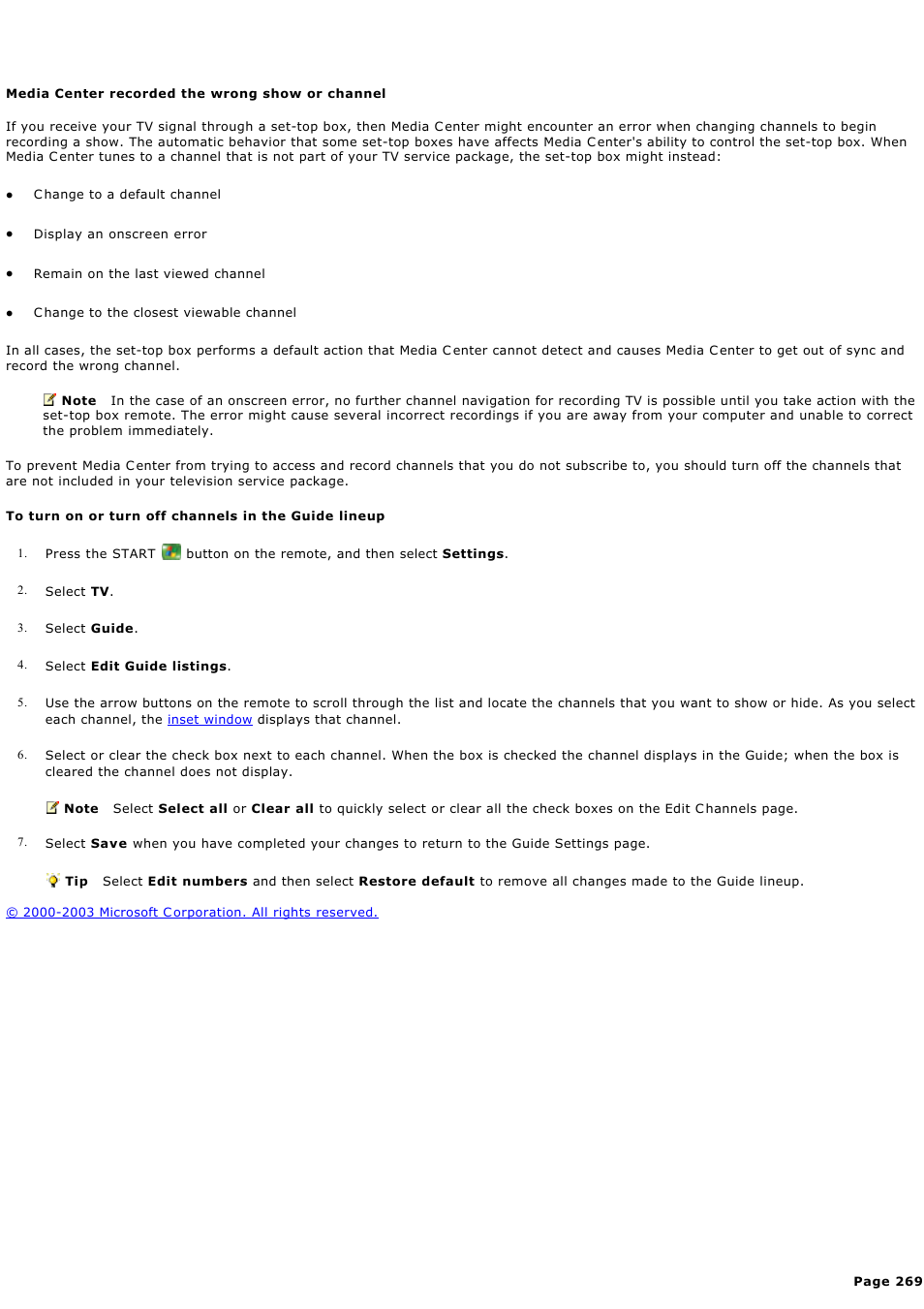 Media center recorded the wrong show or channel, Media c enter recorded the wrong show or channel | Sony PCV-RZ44G User Manual | Page 269 / 459