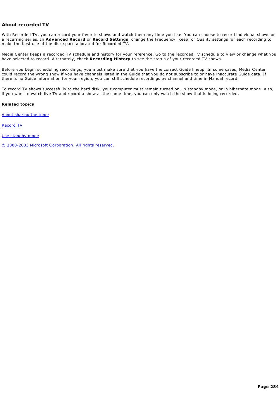 About recorded tv | Sony PCV-RZ44G User Manual | Page 284 / 459
