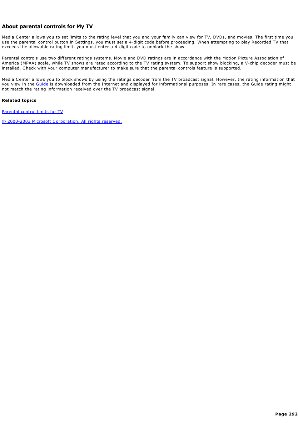 About parental controls for my tv | Sony PCV-RZ44G User Manual | Page 292 / 459