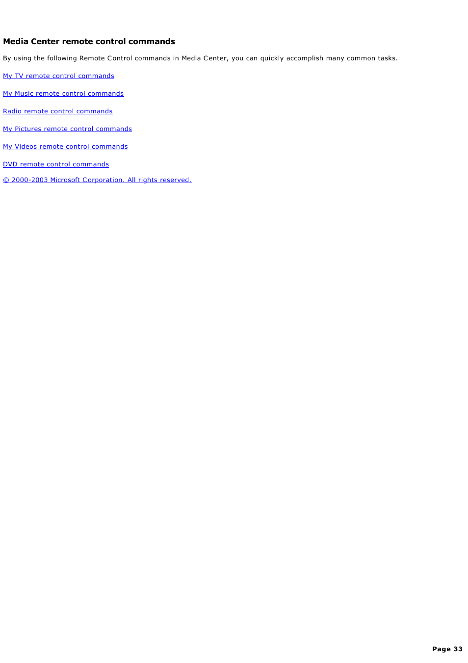 Media center remote control commands | Sony PCV-RZ44G User Manual | Page 33 / 459