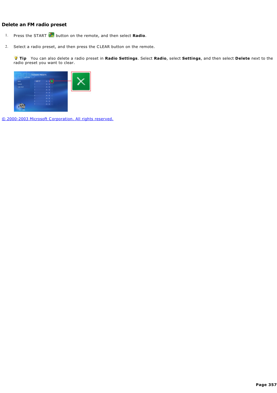 Delete an fm radio preset | Sony PCV-RZ44G User Manual | Page 357 / 459