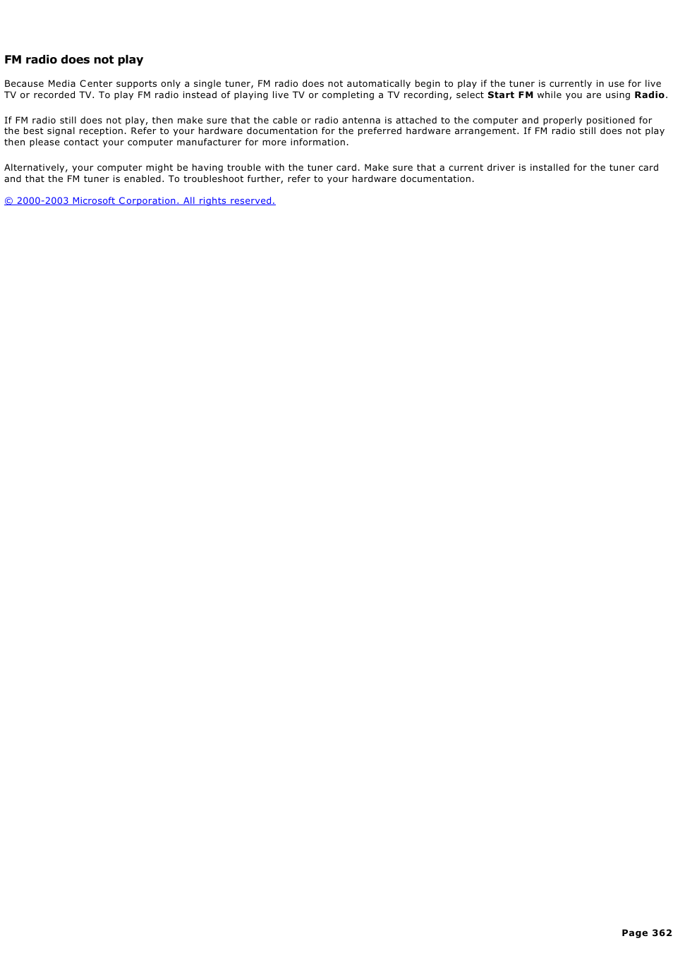 Fm radio does not play | Sony PCV-RZ44G User Manual | Page 362 / 459