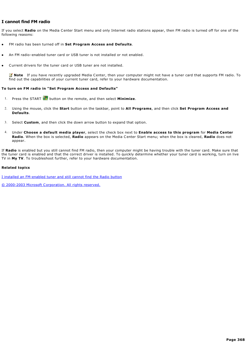 I cannot find fm radio | Sony PCV-RZ44G User Manual | Page 368 / 459