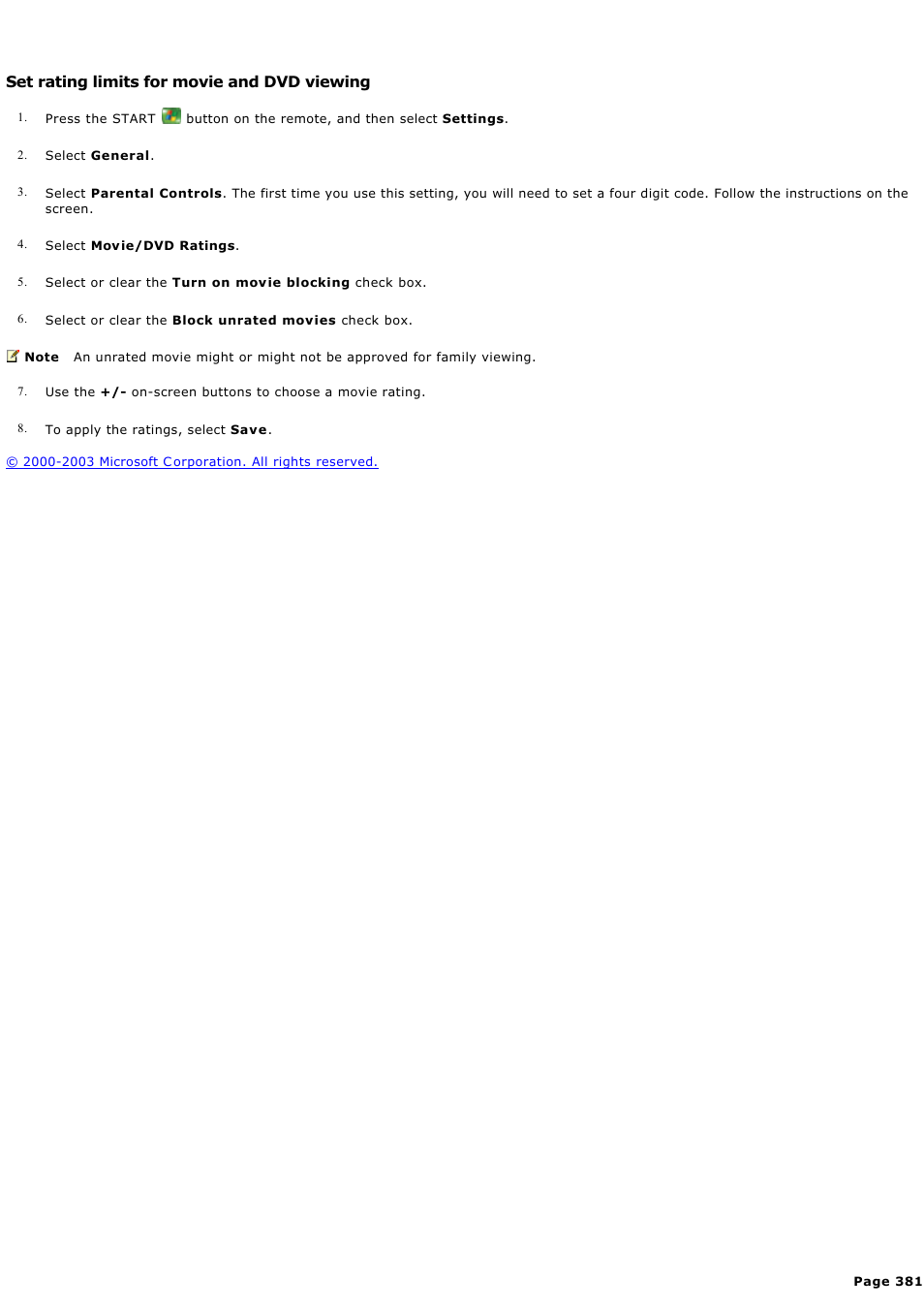 Set rating limits for movie and dvd viewing, Set movie and dvd ratings | Sony PCV-RZ44G User Manual | Page 381 / 459