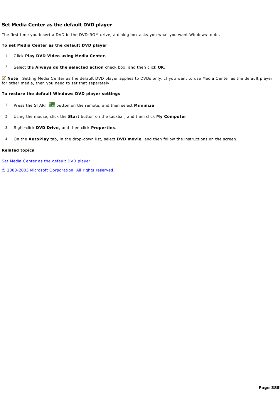 Set media center as the default dvd player | Sony PCV-RZ44G User Manual | Page 385 / 459