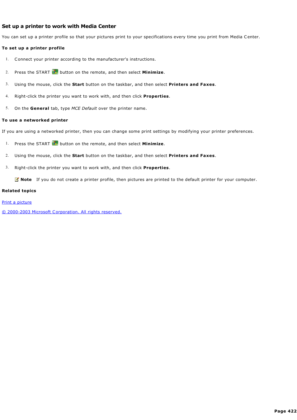 Set up a printer to work with media center | Sony PCV-RZ44G User Manual | Page 422 / 459