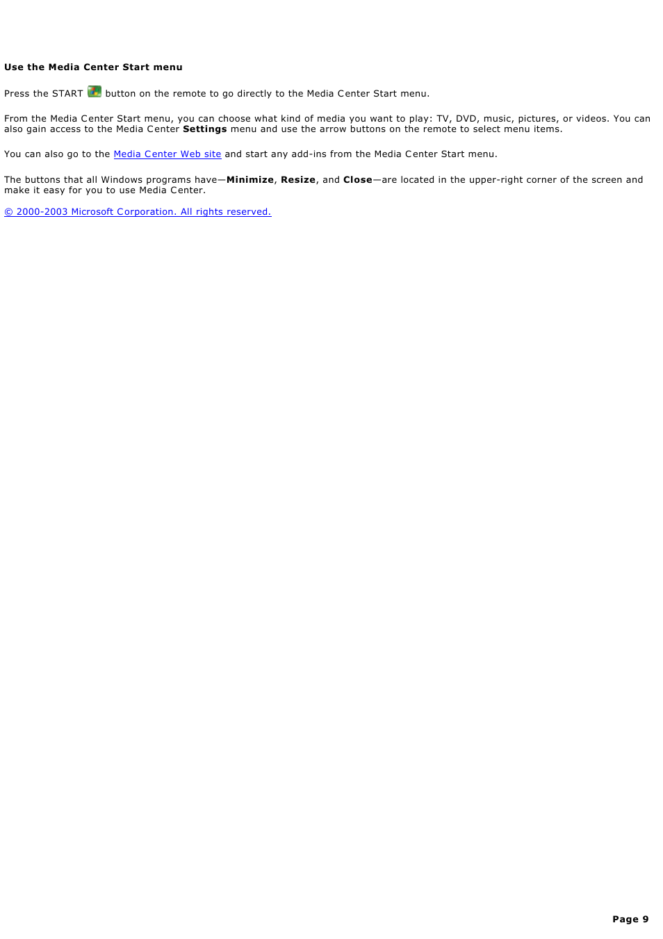 Use the media center start menu, Use the media c enter start menu | Sony PCV-RZ44G User Manual | Page 9 / 459