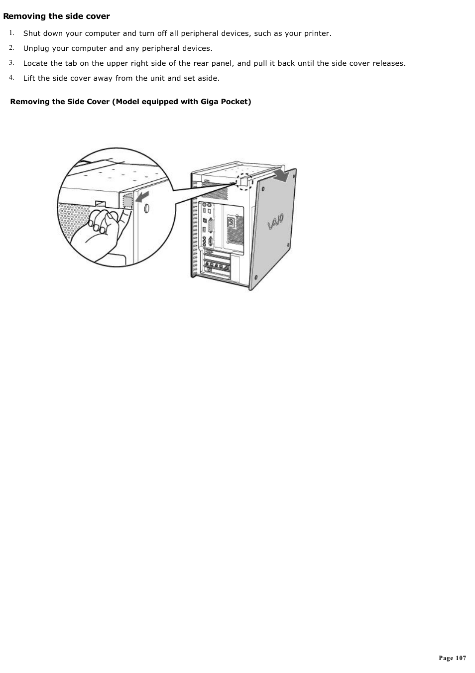 Removing the side cover | Sony PCV-RX590G User Manual | Page 107 / 119