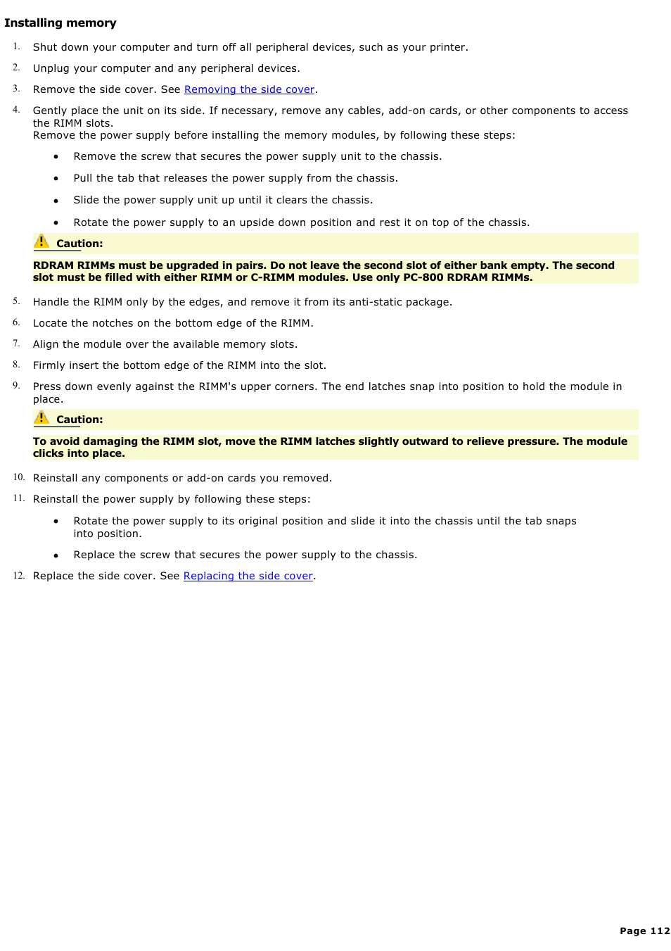 Installing memory | Sony PCV-RX590G User Manual | Page 112 / 119