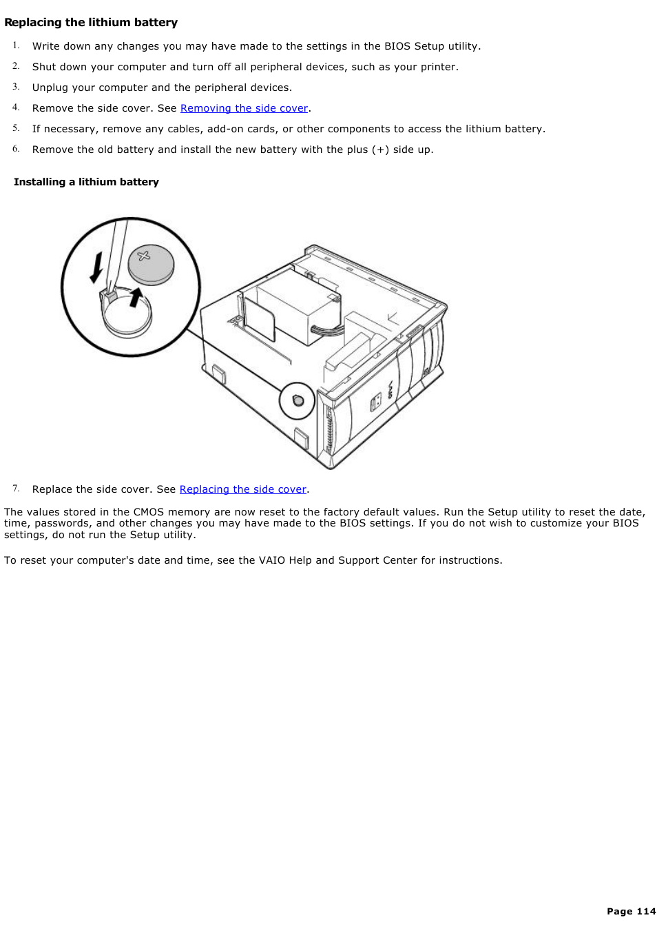 Replacing the lithium battery | Sony PCV-RX590G User Manual | Page 114 / 119