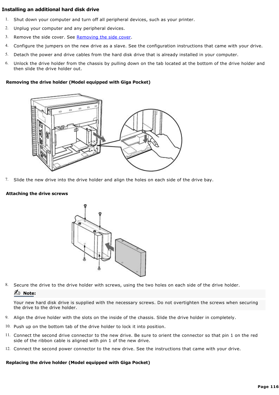 Installing an additional hard disk drive | Sony PCV-RX590G User Manual | Page 116 / 119