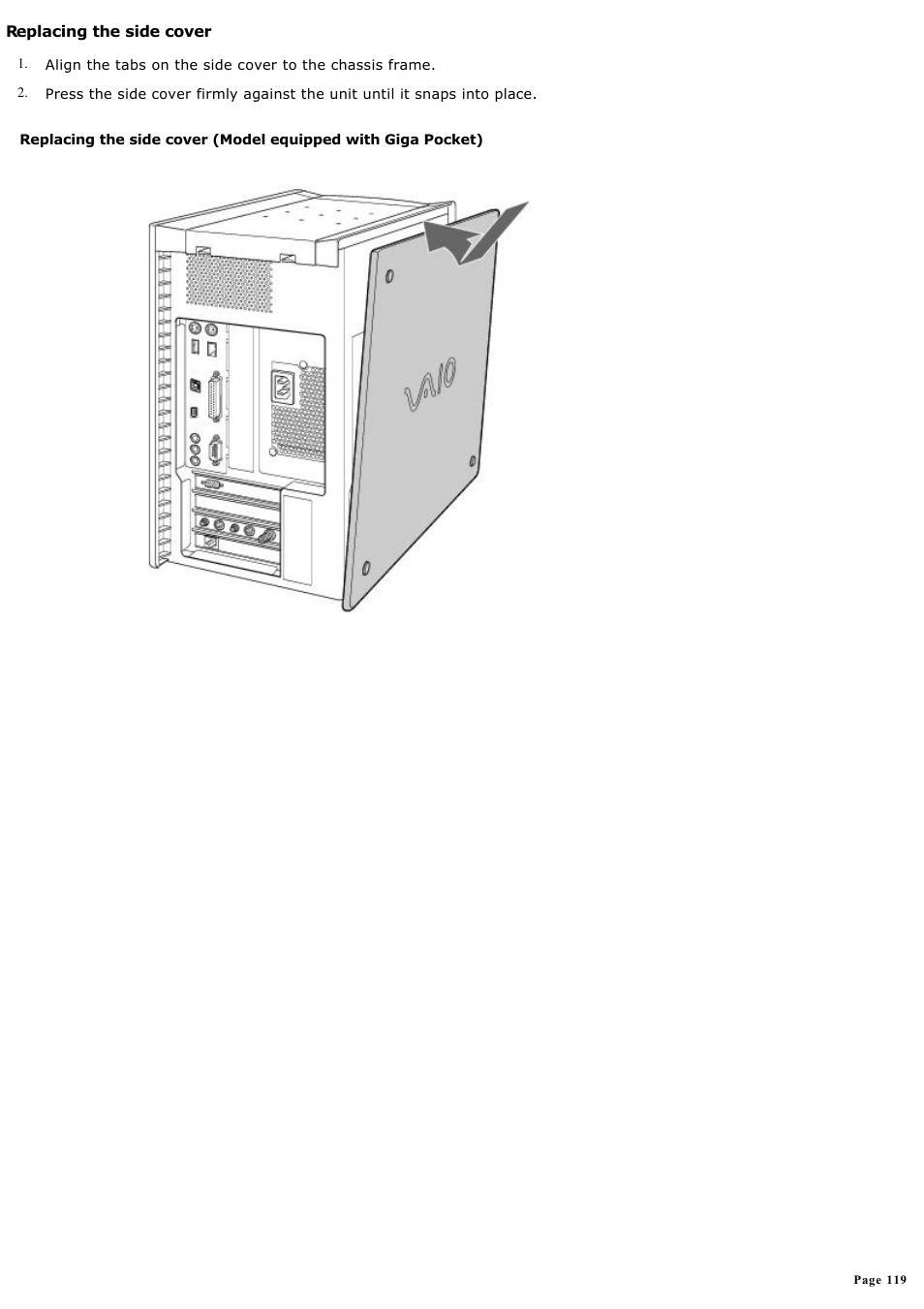 Replacing the side cover | Sony PCV-RX590G User Manual | Page 119 / 119