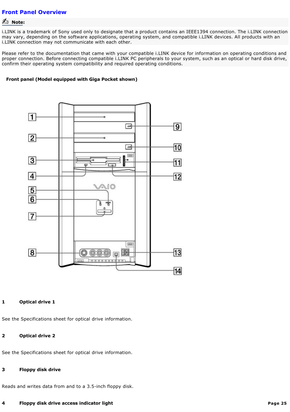 Front panel overview | Sony PCV-RX590G User Manual | Page 25 / 119