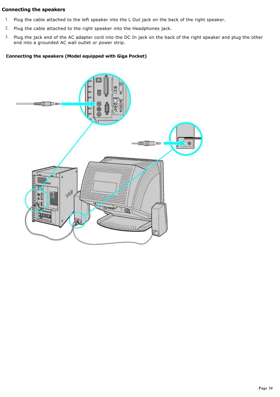 Connecting the speakers | Sony PCV-RX590G User Manual | Page 34 / 119