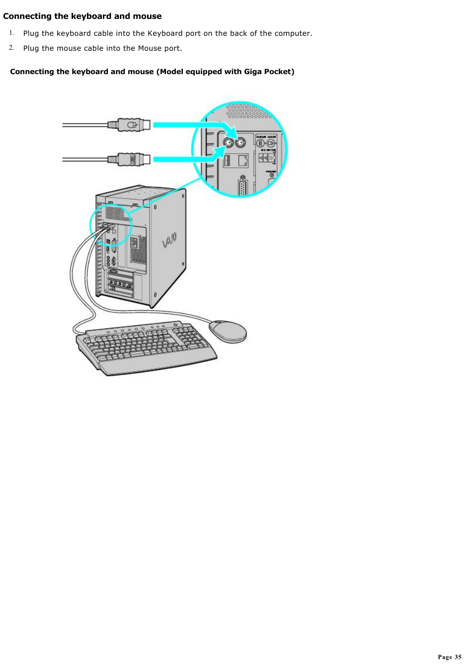 Connecting the keyboard and mouse | Sony PCV-RX590G User Manual | Page 35 / 119