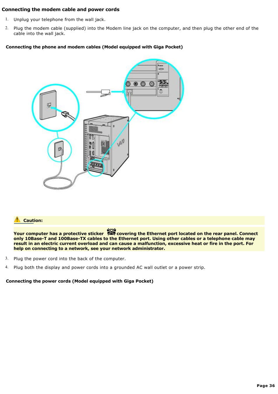 Connecting the modem cable and power cords | Sony PCV-RX590G User Manual | Page 36 / 119