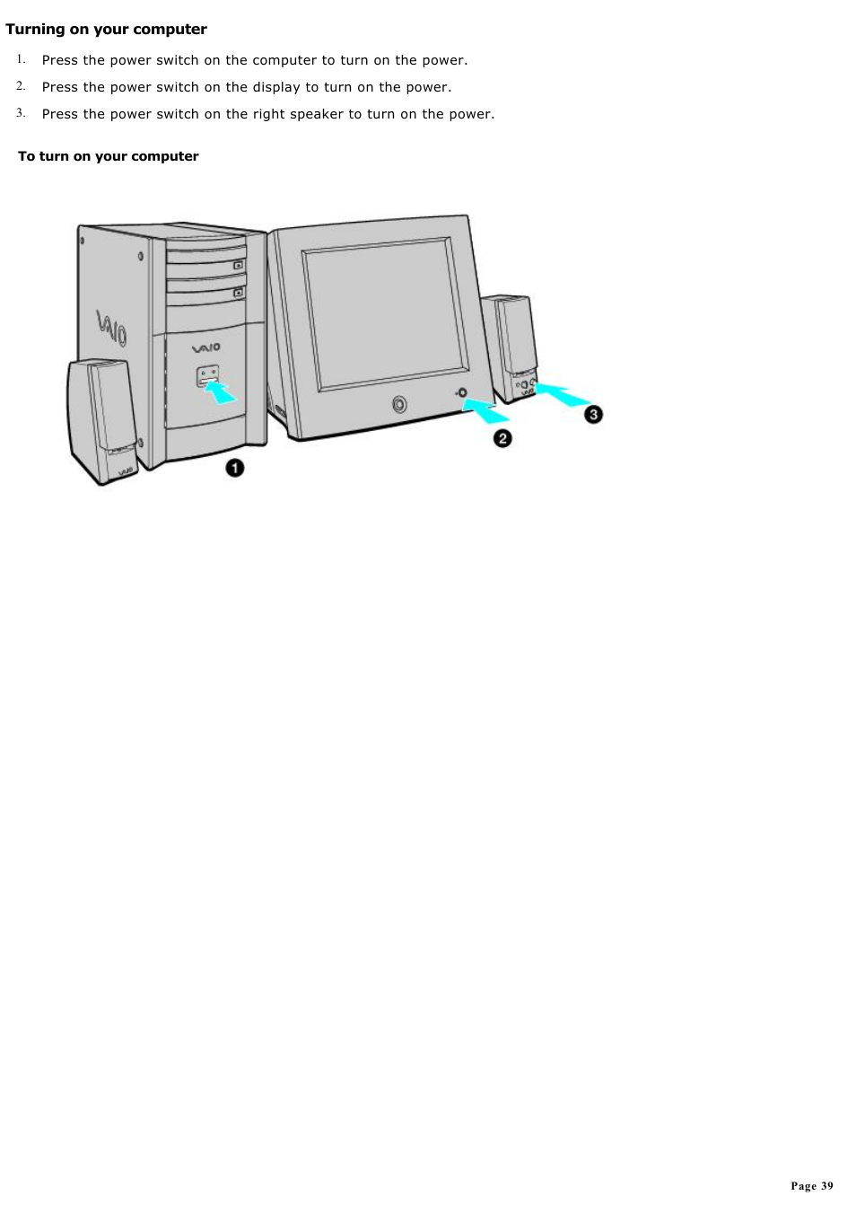 Turning on your computer | Sony PCV-RX590G User Manual | Page 39 / 119