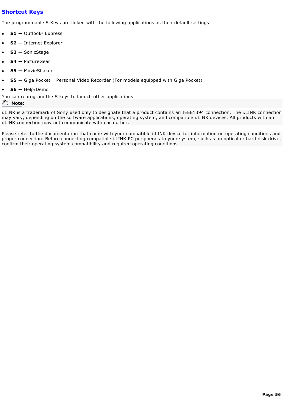 Shortcut keys | Sony PCV-RX590G User Manual | Page 56 / 119