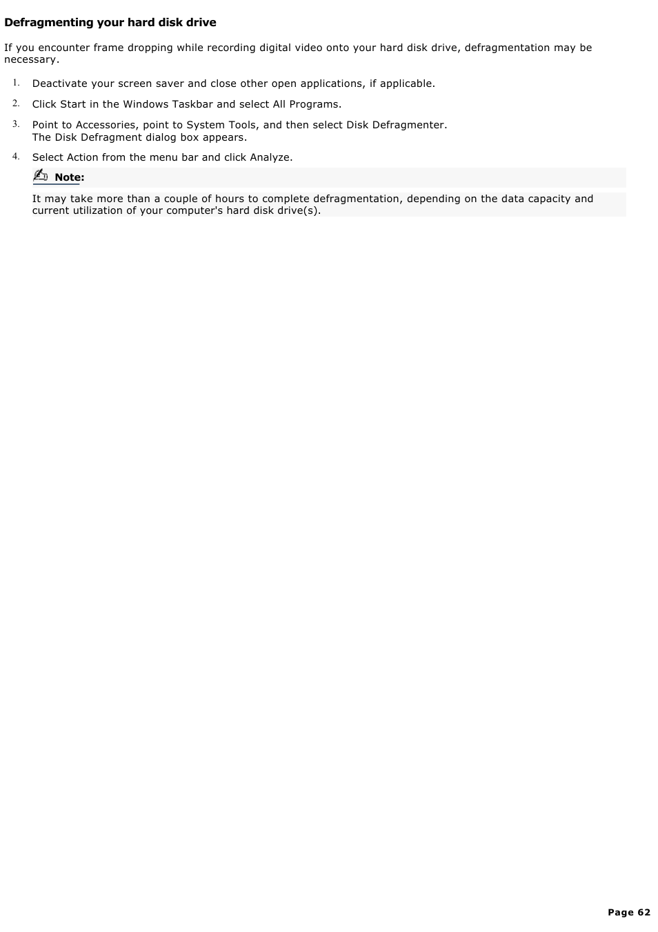 Defragmenting your hard disk drive | Sony PCV-RX590G User Manual | Page 62 / 119