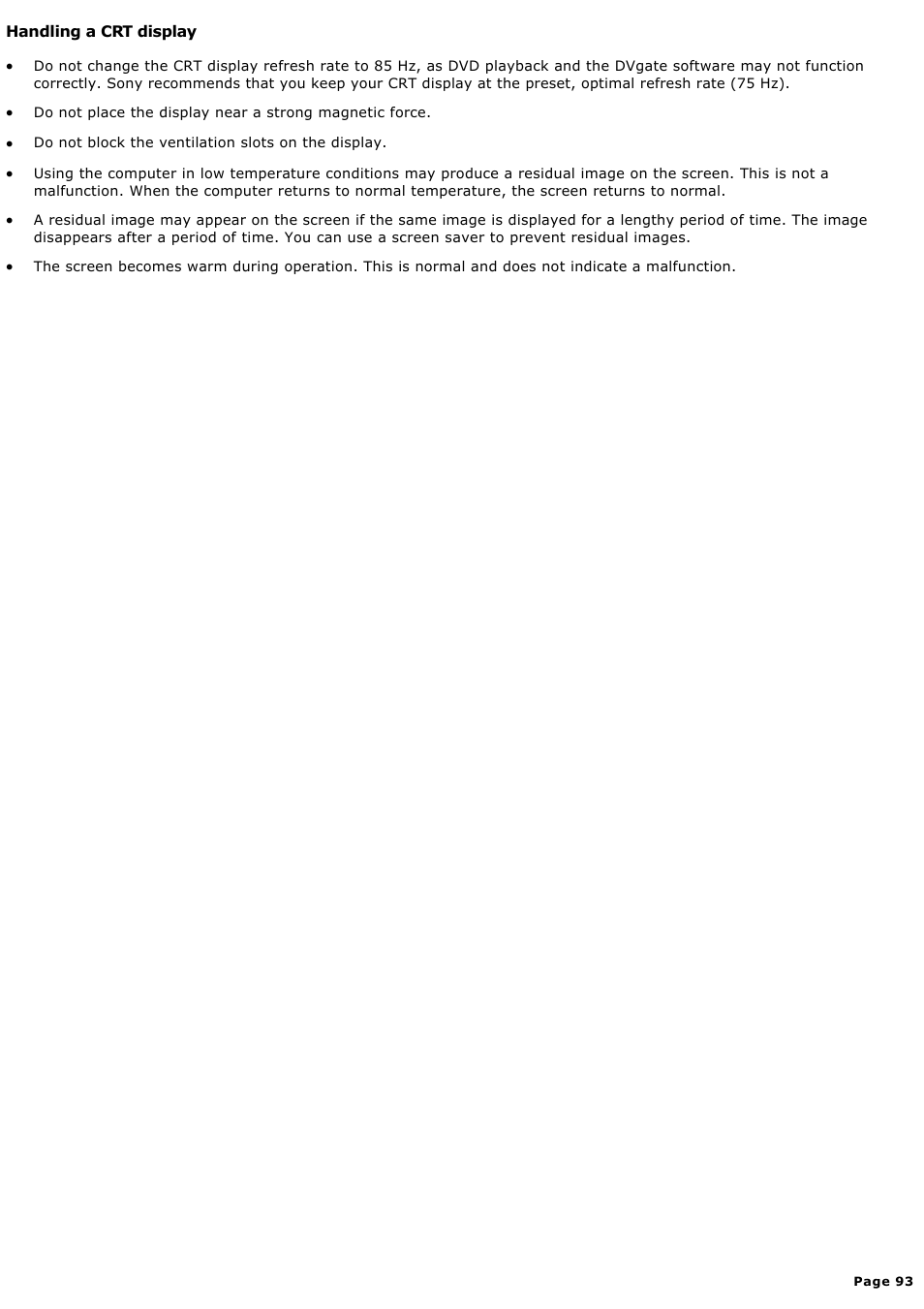 Handling a crt display | Sony PCV-RX590G User Manual | Page 93 / 119