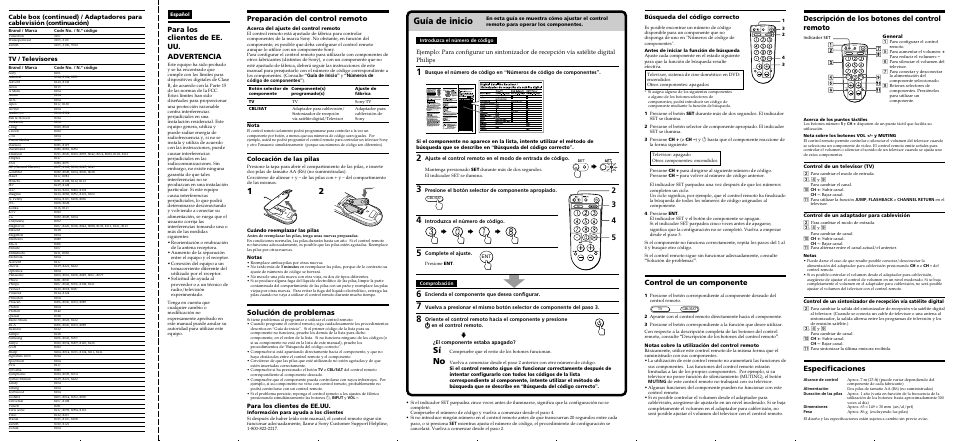 Guía de inicio, Descripción de los botones del control remoto, Para los clientes de ee. uu. advertencia | Especificaciones, Control de un componente, Preparación del control remoto, Solución de problemas, Búsqueda del código correcto, Tv / televisores, Para los clientes de ee.uu | Sony RM-EZ4 User Manual | Page 2 / 2