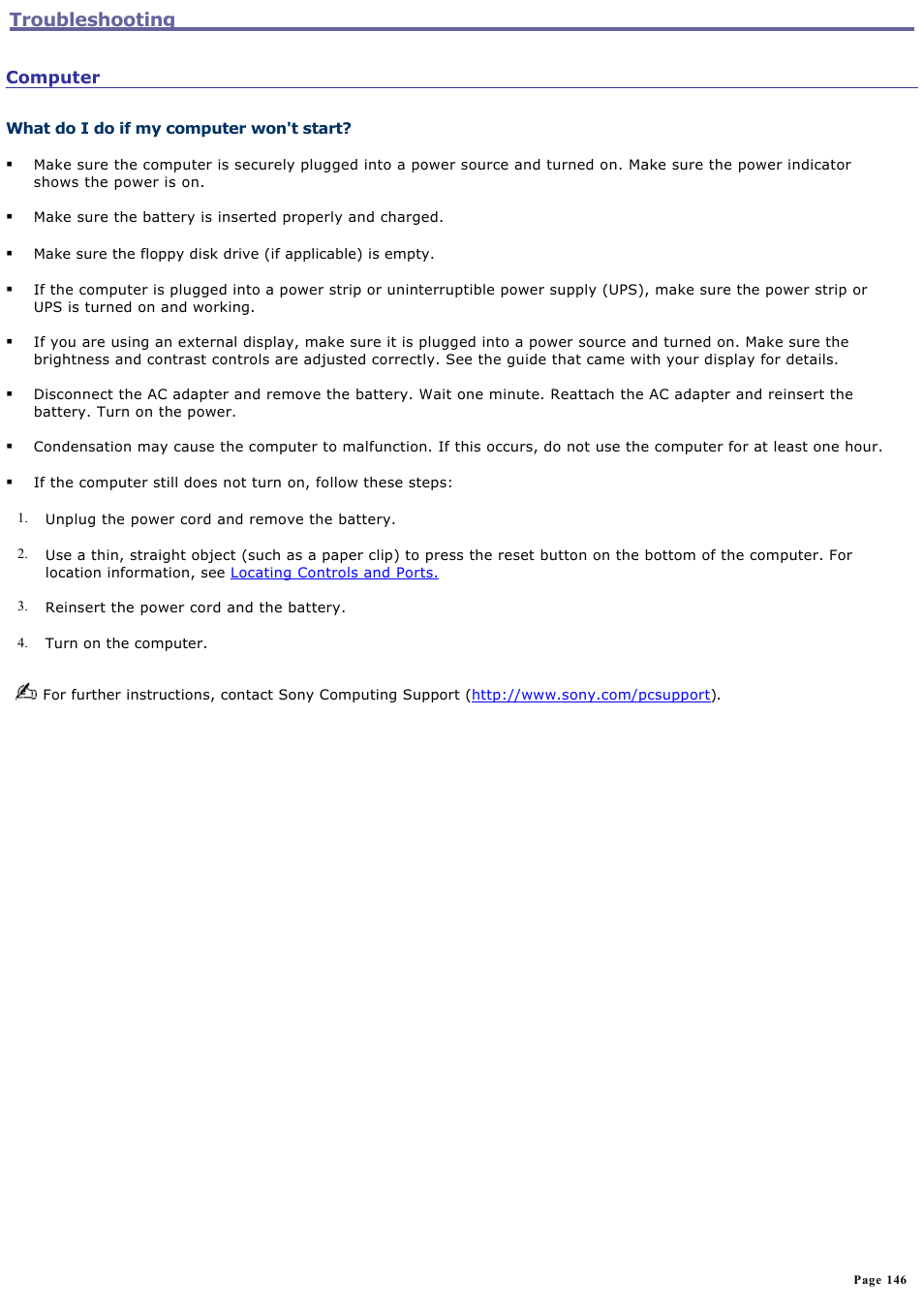 Computer, Troubleshooting | Sony VGN-S150P User Manual | Page 146 / 228