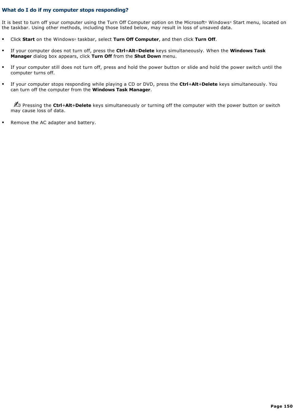 What do i do if my computer stops responding | Sony VGN-S150P User Manual | Page 150 / 228