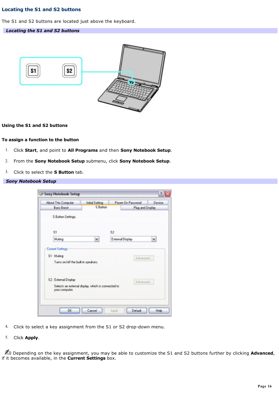 Locating the s1 and s2 buttons | Sony VGN-S150P User Manual | Page 16 / 228