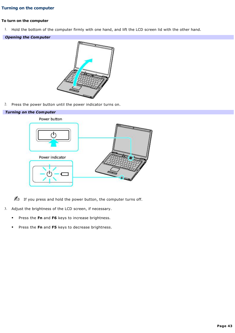 Turning on the computer | Sony VGN-S150P User Manual | Page 43 / 228