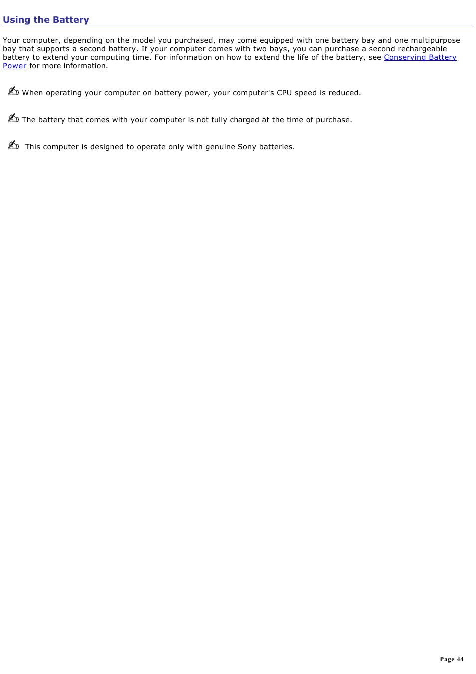Using the battery | Sony VGN-S150P User Manual | Page 44 / 228