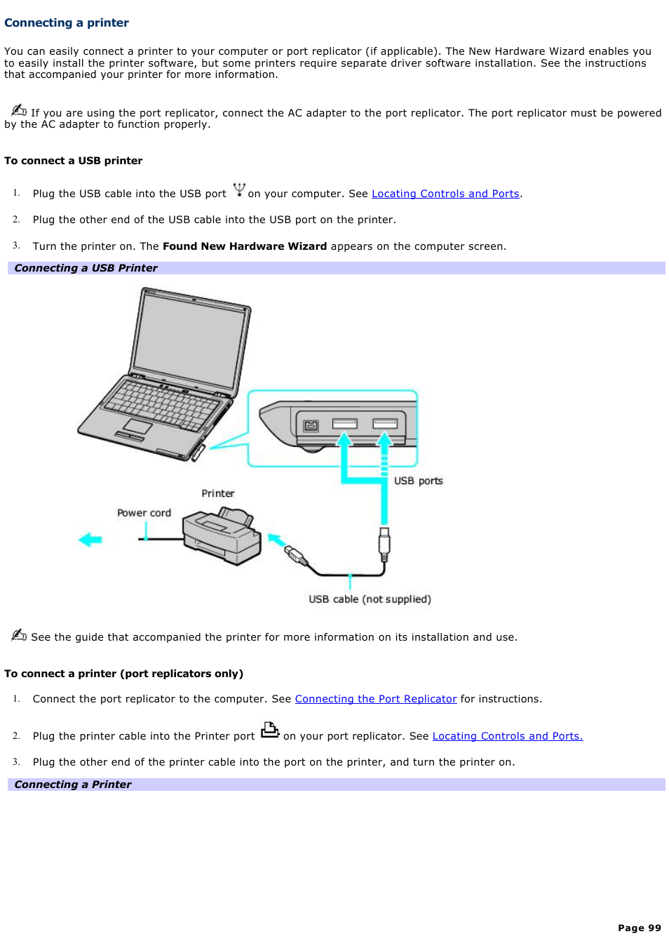 Connecting a printer | Sony VGN-S150P User Manual | Page 99 / 228