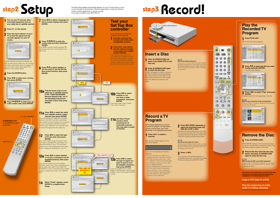 Audio connection, Language, Clock | Set top box control, Tv type, On off easy setup audio connection dts 7/7, Settings-area setup, Record a tv program, Play the recorded tv program, Remove the disc | Sony RDR-HX900 User Manual | Page 2 / 2