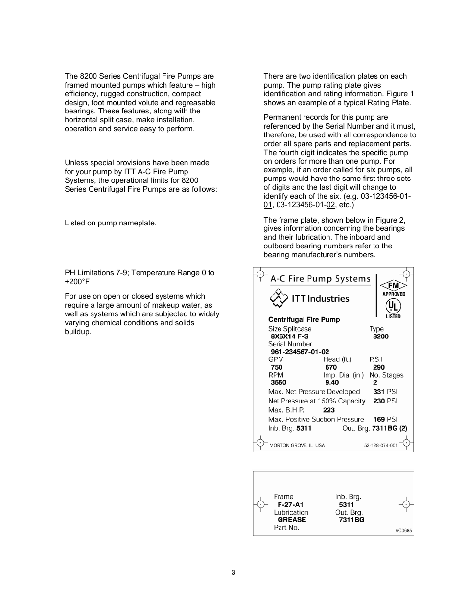 Description, Operational limits, Maximum working pressure | Seal operating limits, Pump identification | A-C Fire Pump 8200 Series User Manual | Page 3 / 36