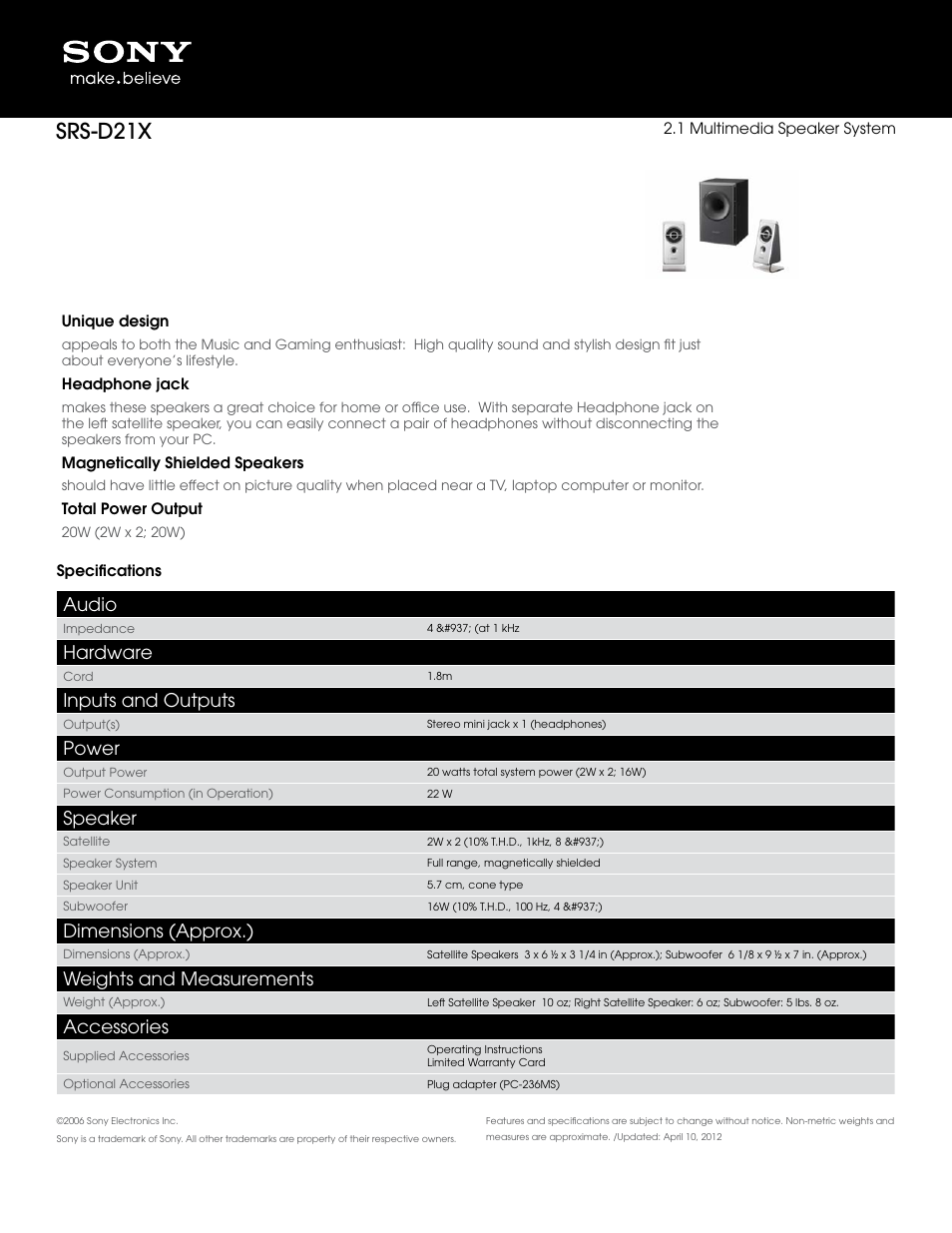 Sony SRS-D21X User Manual | 1 page