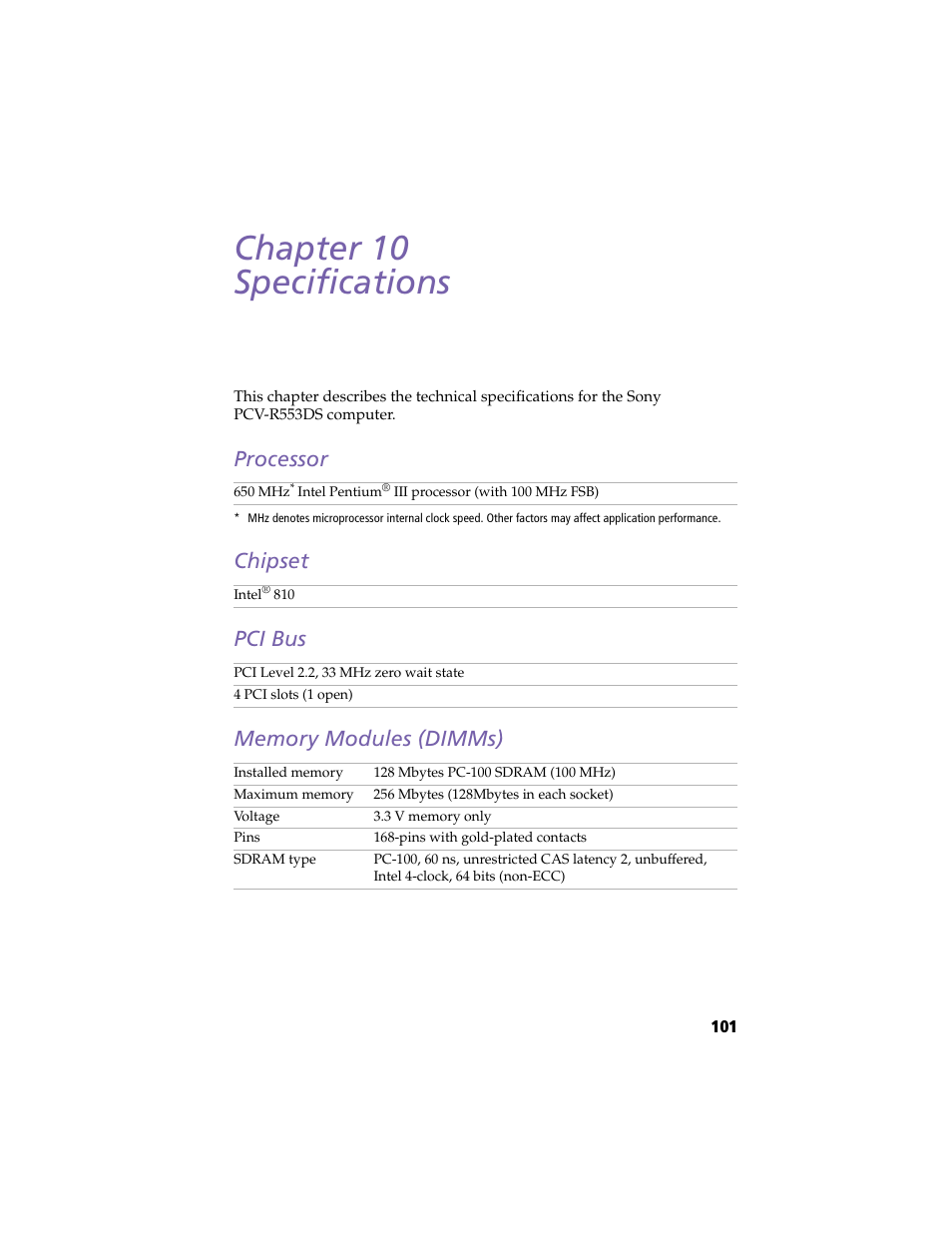 Specifications, Processor, Chipset | Pci bus, Memory modules (dimms), Chapter 10 — specifications, Processor chipset pci bus memory modules (dimms), Chapter 10 specifications | Sony PCV-R553DS User Manual | Page 115 / 122