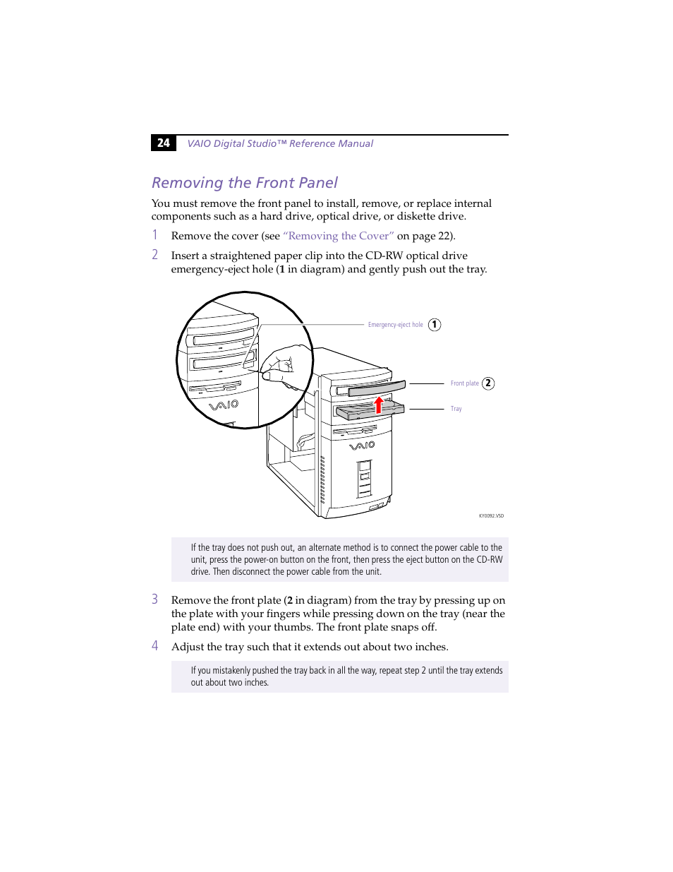 Removing the front panel | Sony PCV-R553DS User Manual | Page 38 / 122