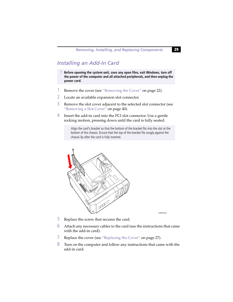 Installing an add-in card | Sony PCV-R553DS User Manual | Page 43 / 122