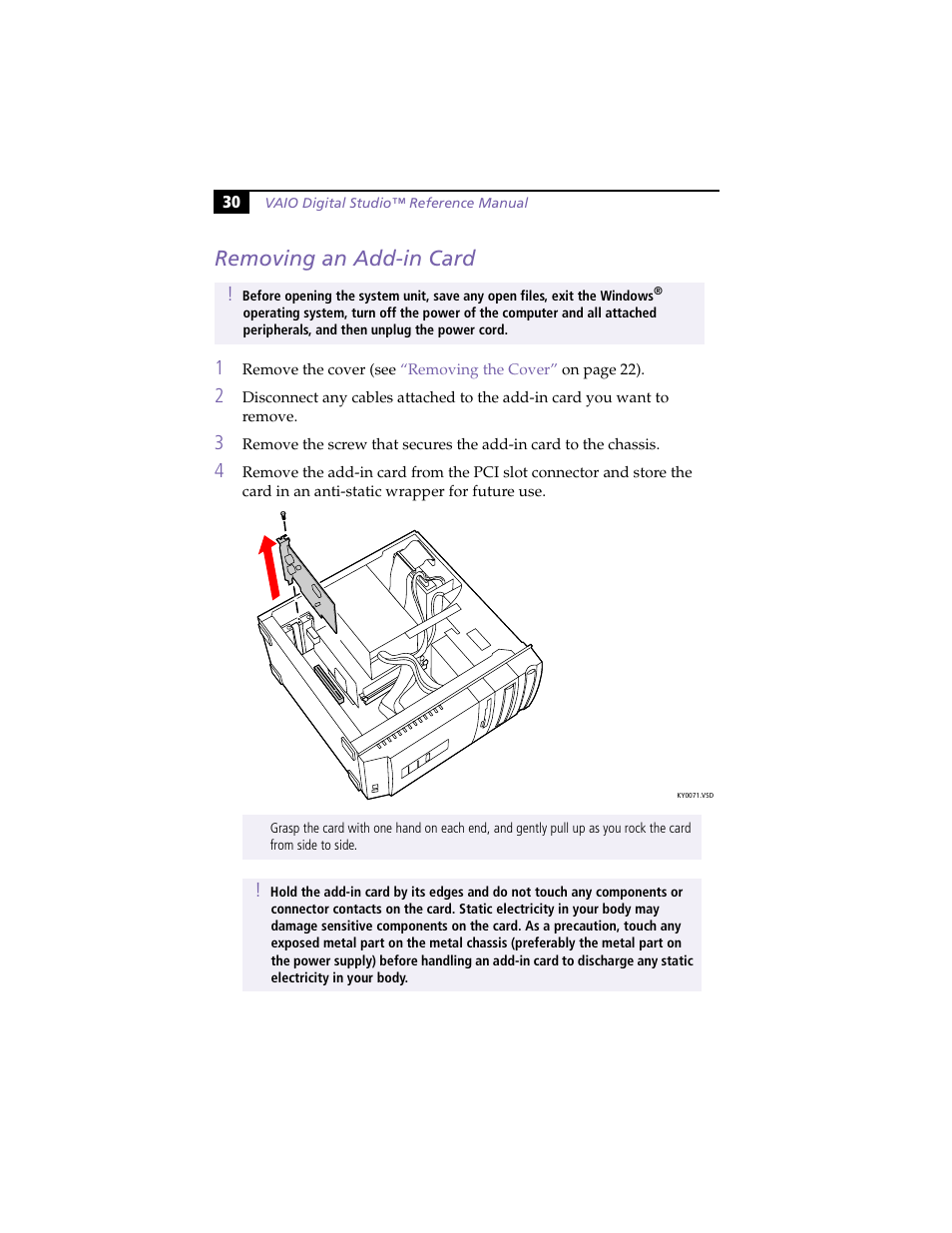 Removing an add-in card | Sony PCV-R553DS User Manual | Page 44 / 122
