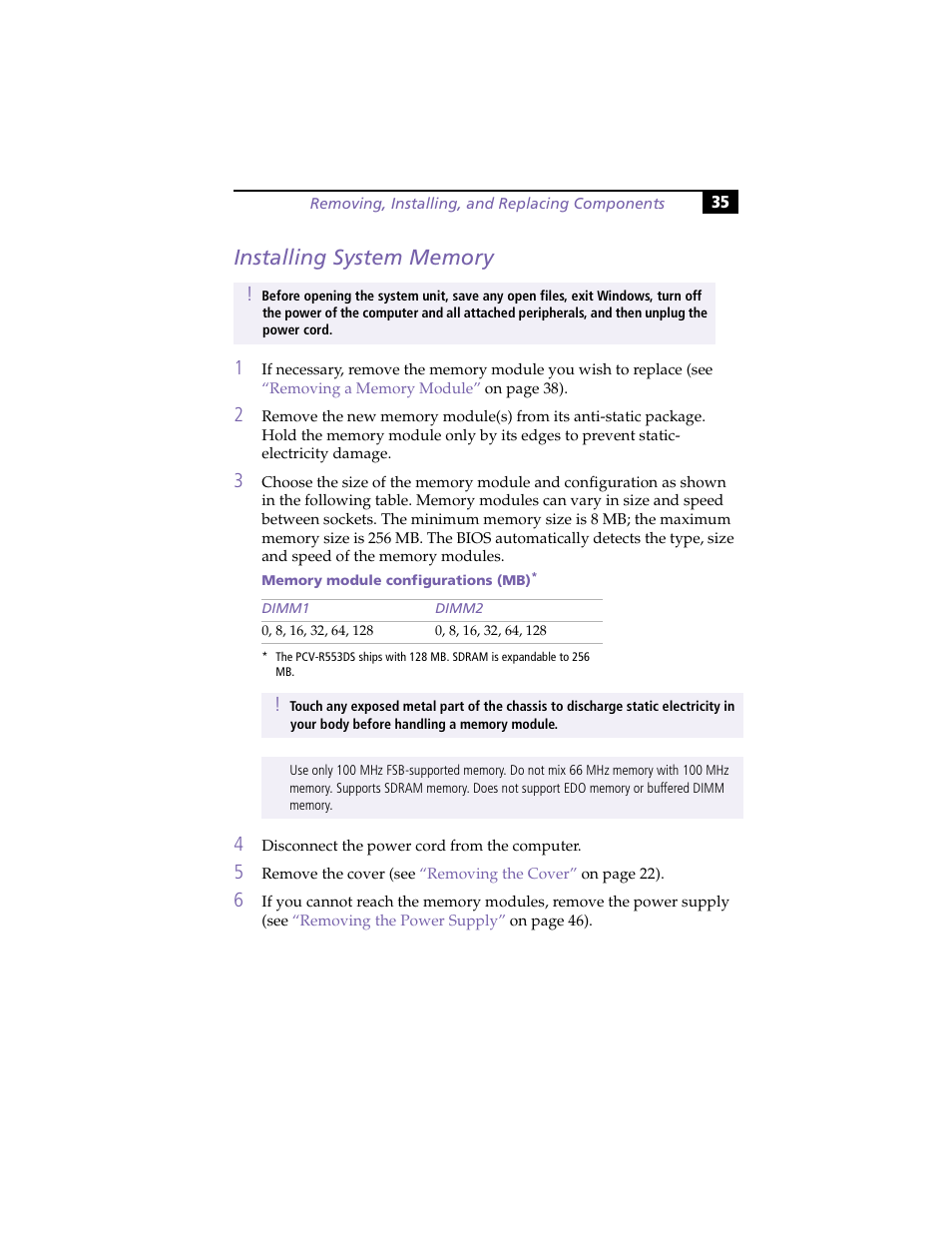 Installing system memory | Sony PCV-R553DS User Manual | Page 49 / 122