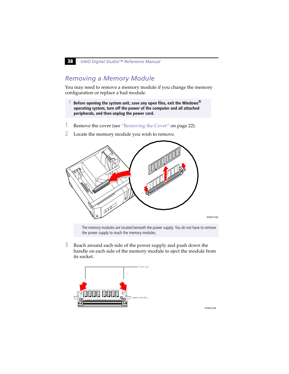 Removing a memory module | Sony PCV-R553DS User Manual | Page 52 / 122