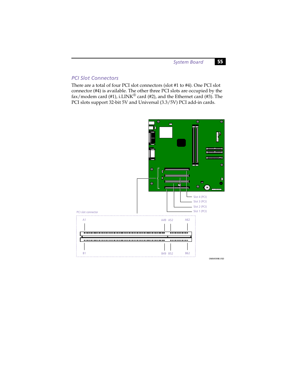 Pci slot connectors, 55 pci slot connectors, System board | Sony PCV-R553DS User Manual | Page 69 / 122