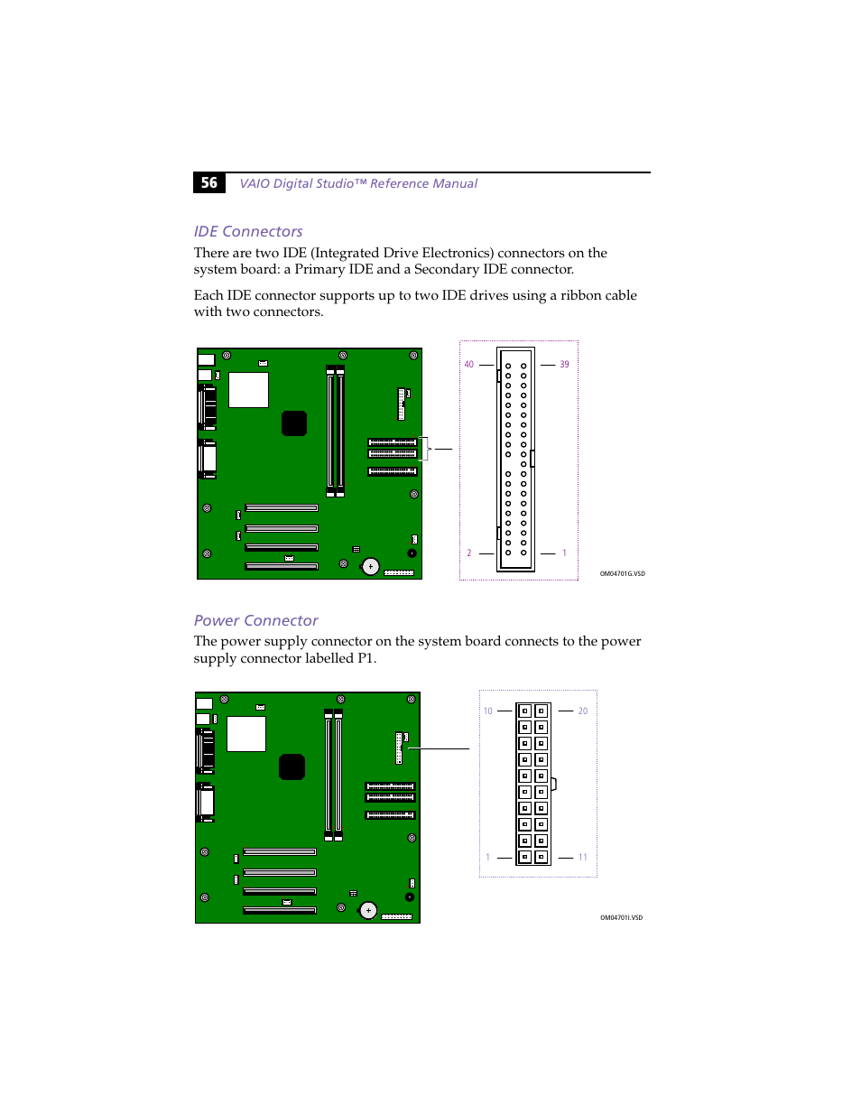 Ide connectors, Power connector, Ide connectors power connector | 56 ide connectors | Sony PCV-R553DS User Manual | Page 70 / 122