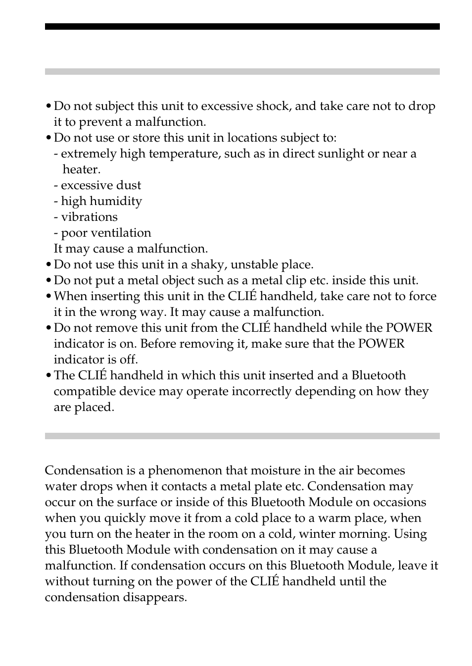 Precautions on use, Handling this bluetooth module, Condensation | Sony PEGA-MSB1 User Manual | Page 44 / 48
