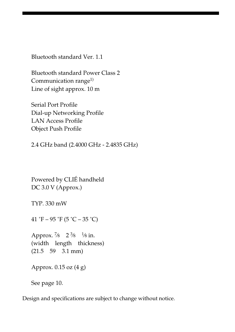 Specifications | Sony PEGA-MSB1 User Manual | Page 46 / 48